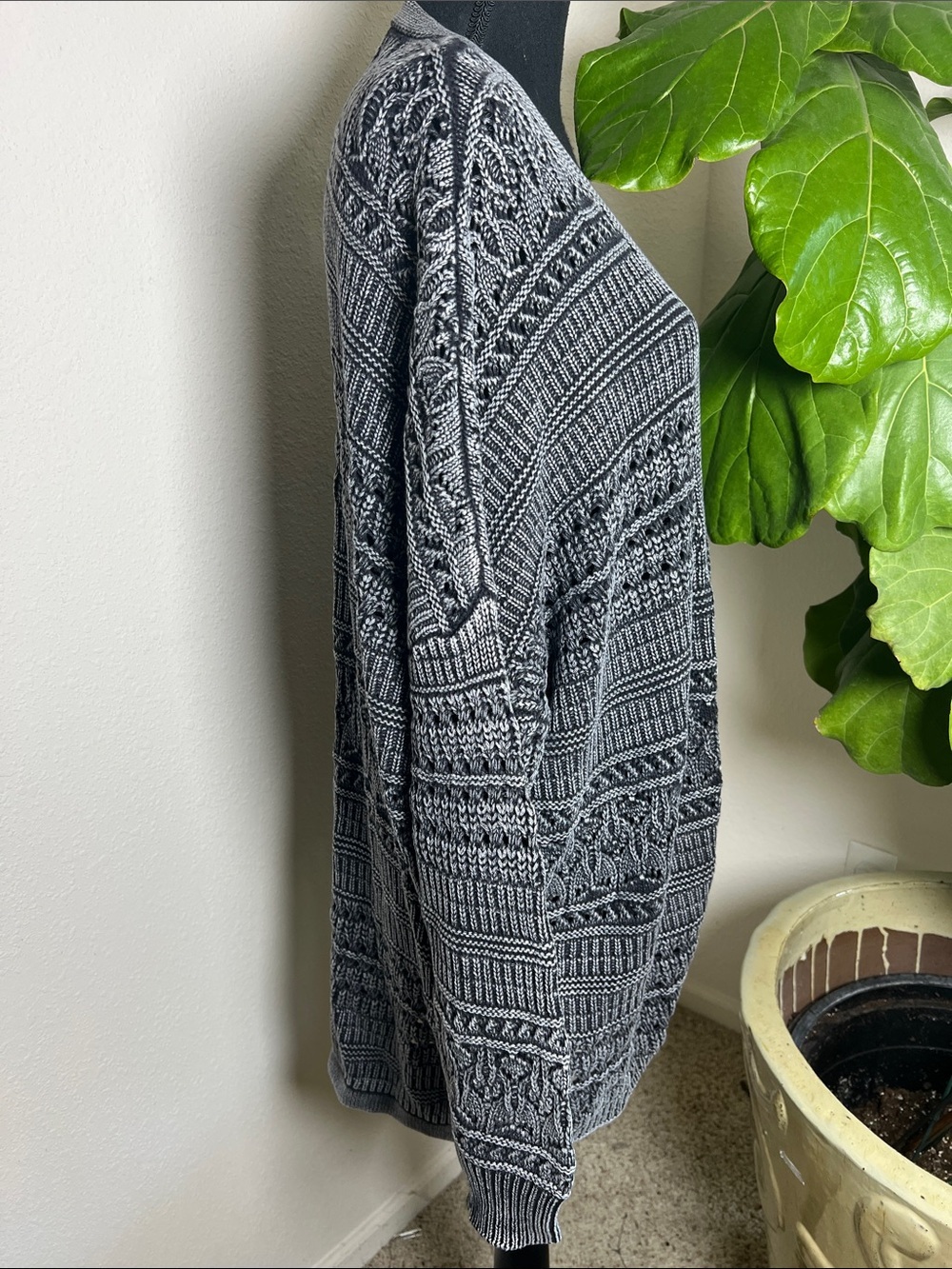 BKE Women’s 100% Cotton Black White Long Loose Knit Cardigan Sweater Medium - Picture 5 of 10
